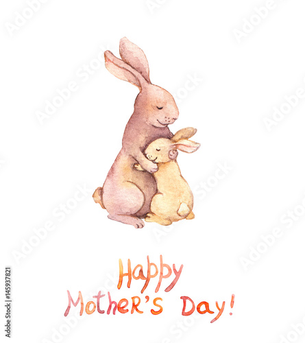 Card for Mothers day - mother rabbit embrace her adorable kid. Aquarelle art © zzorik