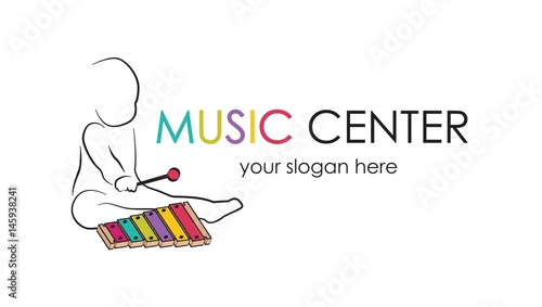 logo for preschool music center. Kid playing xylophone, child development and educational games . kids intellectual growth and silhouettes of playing kid