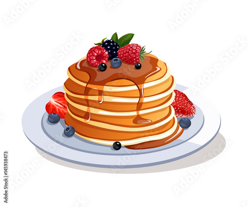 pancakes with fresh berries and maple syrop