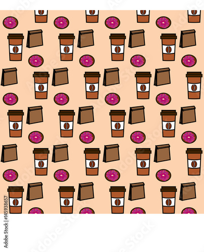 Seamless pattern with coffee takeaway, glazed donut and package with donuts