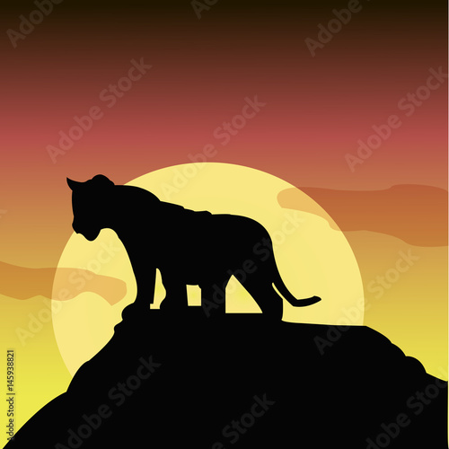 Illustration of a black silhouette of a lion on a rock.