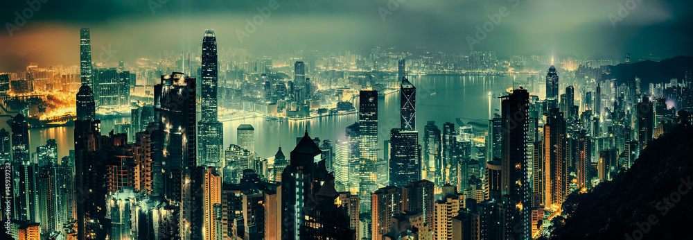 Panoramic shot of evening hong kong - obrazy, fototapety, plakaty 