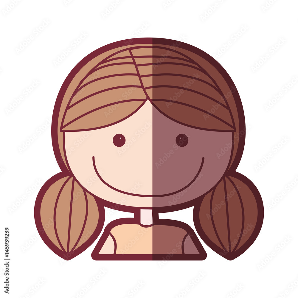 color silhouette shading cartoon half body girl with brown pigtails hair vector illustration