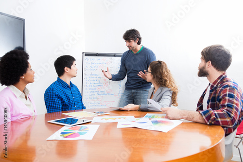 People office diverse mix race group businesspeople designers discussing smile casual wear