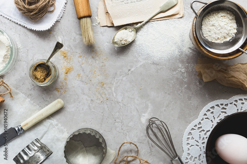Top View Baking Scene on Grey Marble Table