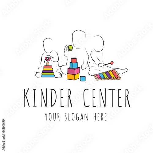 logo for child care centerand kindergarten. child development and educational games . kids intellectual growth and silhouettes of playing kids
