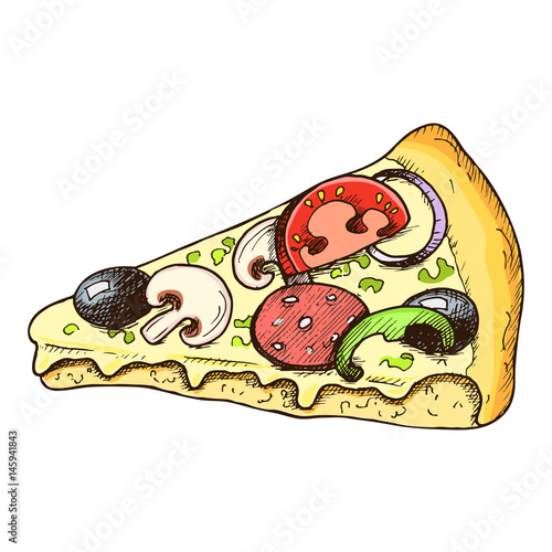Sketch colorful graphic slice of pizza illustration, vector draft silhouette drawing, isolated on white background. Delicious vintage etching food design.