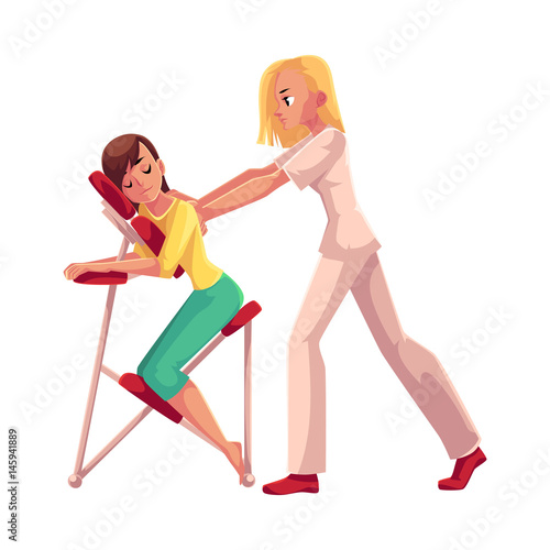 Young woman having office massage in mobile chair, cartoon vector illustration on white background. Professional chair massage therapist doing therapeutic and relaxation office massage