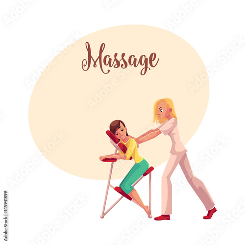 Young woman having office massage in mobile chair, cartoon vector illustration with space for text. Professional chair massage therapist doing therapeutic and relaxation office massage