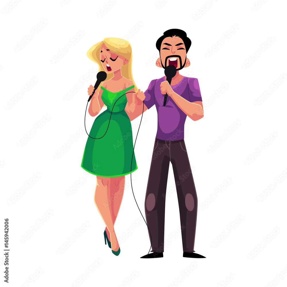 Man and woman singing duet into microphones, karaoke party, contest, competition, cartoon vector illustration isolated on white background. Two karaoke singers, man and woman, singing together Man and woman singing duet into microphones, karaoke party, contest, competition, cartoon vector illustration isolated on white background. Two karaoke singers, man and woman, singing together