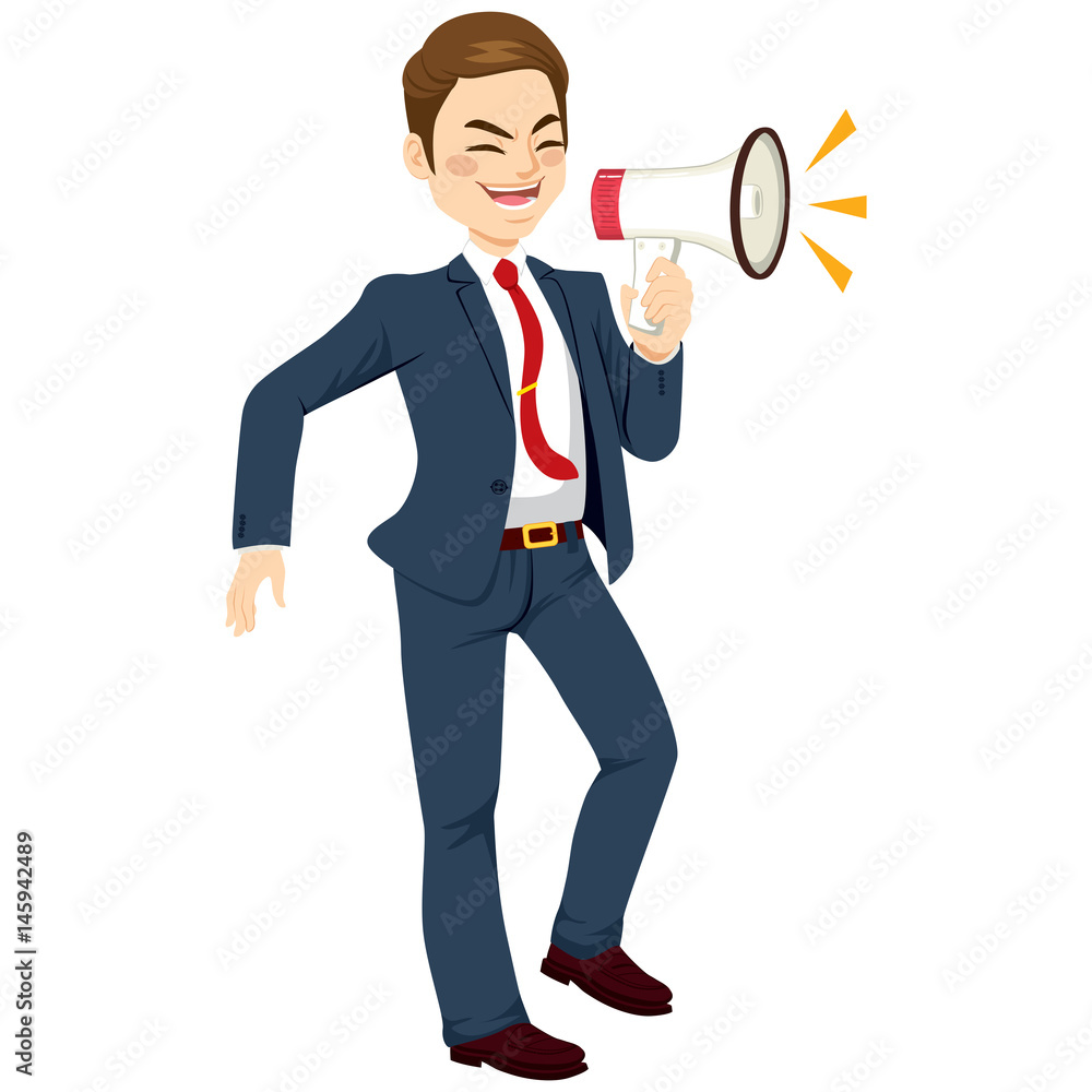 Happy businessman using megaphone making an announcement Happy businessman using megaphone making an announcement
