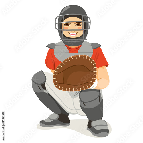 Young baseball catcher player on crouching stance playing match