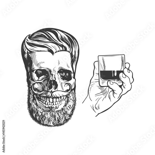 Party poster, banner design elements - skull with hipster beard and mustache, hand holding whiskey drink, isolated sketch vector illustration. Hand drawn hand holding alcohol shot and hipster skull