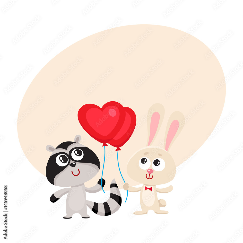 Cute, funny rabbit and raccoon holding red heart shaped balloon, cartoon vector illustration with space for text. Bunny and raccoon holding heart balloon, birthday greeting decoration elements Cute, funny rabbit and raccoon holding red heart shaped balloon, cartoon vector illustration with space for text. Bunny and raccoon holding heart balloon, birthday greeting decoration elements