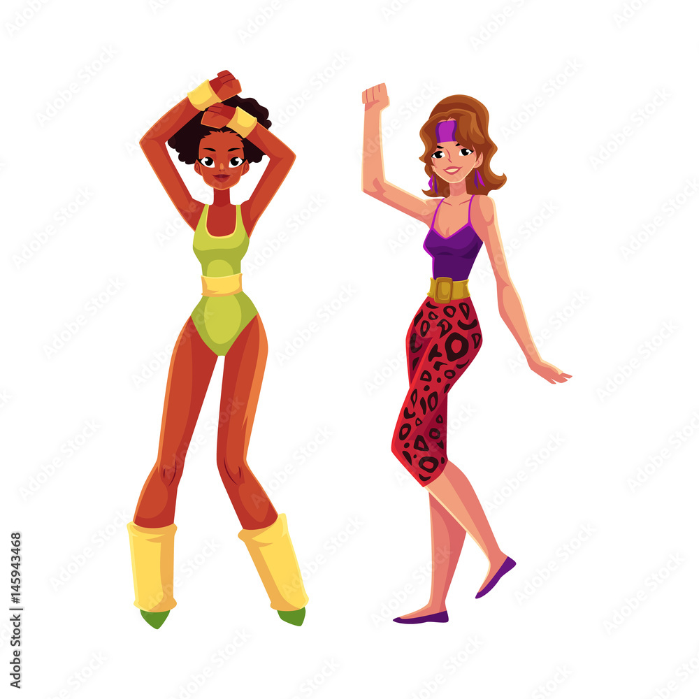 Girls, women in 80s style aerobics outfit enjoying sport dance workout,  cartoon vector illustration isolated on white background. Caucasian and  black retro style girls, women, aerobic fitness workout Stock Vector
