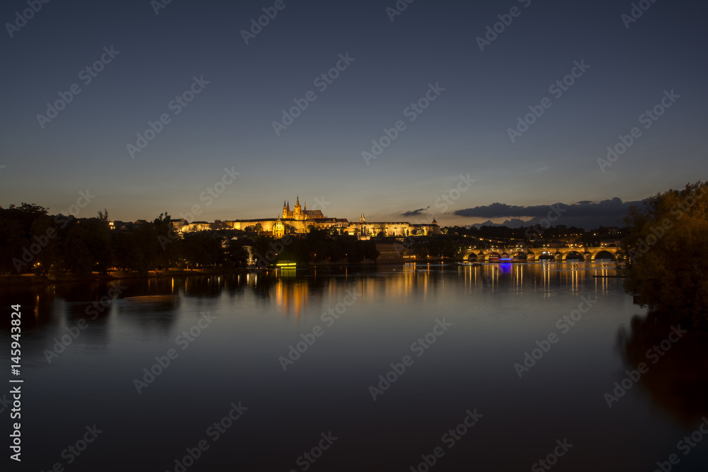 Night View Of Prague Castle And Charles Bridge, Czech Republic
