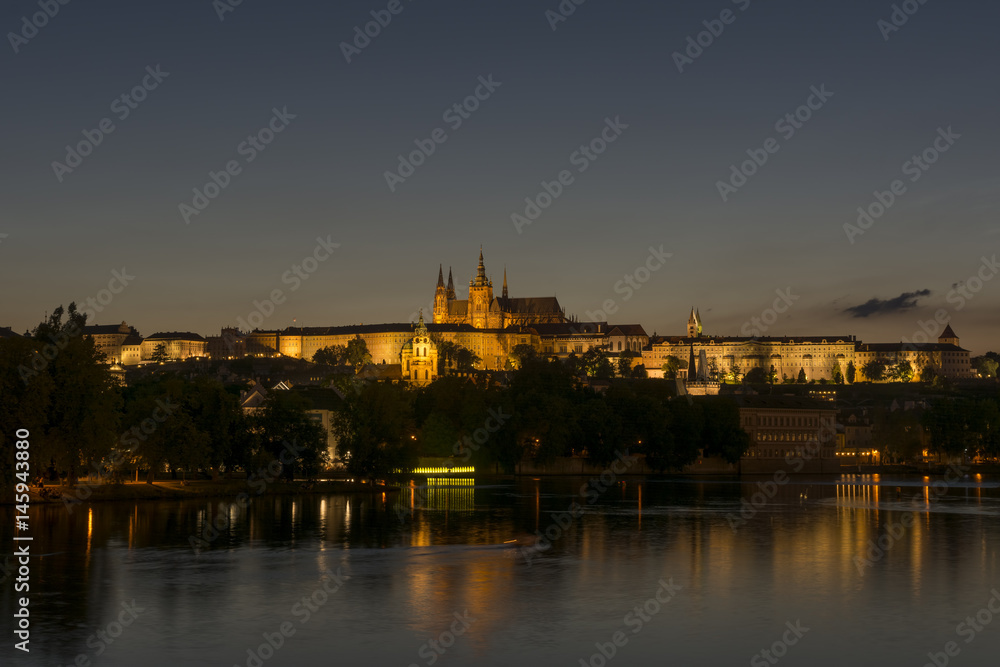 Night View Of Prague Castle And Vltava River, Czech Republic