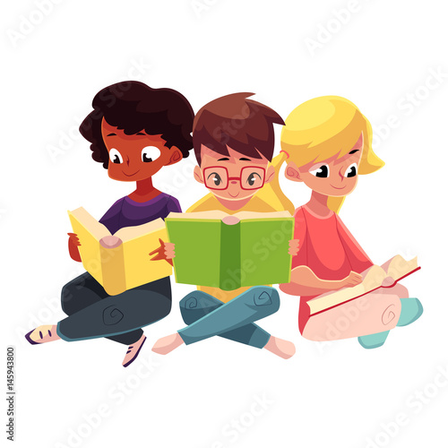 Three children, boys and girls, reading interesting book sitting with crossed legs, cartoon vector illustration isolated on white background. Kids, boys and girls, Caucasian and black, reading books