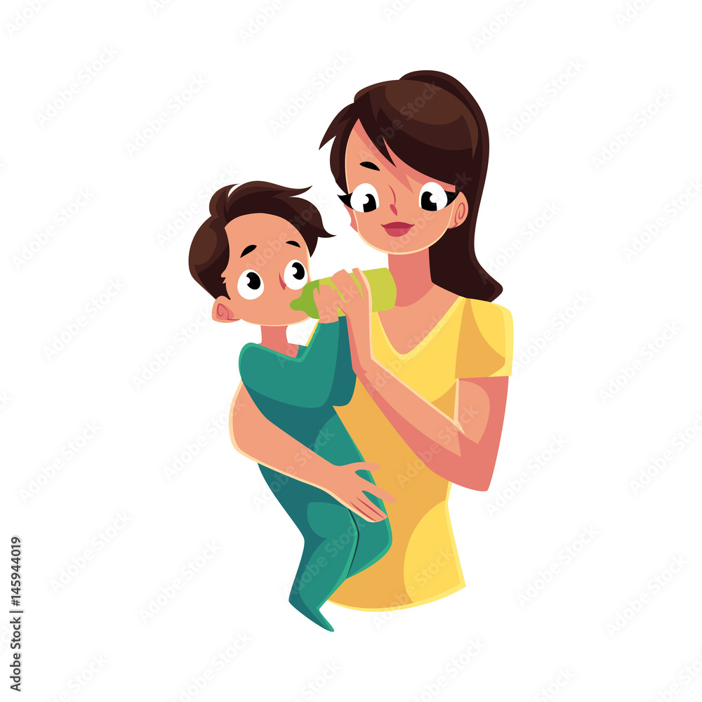 Mother holding and feeding her little baby son with milk bottle, cartoon vector illustration isolated on white background. Half length portrait of young mother holding and feeding her baby son Mother holding and feeding her little baby son with milk bottle, cartoon vector illustration isolated on white background. Half length portrait of young mother holding and feeding her baby son