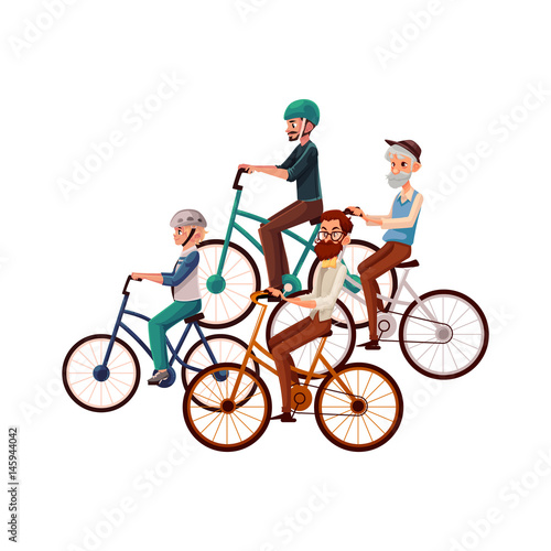 Teenage boy and young, mature, old men riding bicycles, cycling, cartoon vector illustration isolated on white background. Father, grandfather, great grandfather and son riding bicycles, cycling
