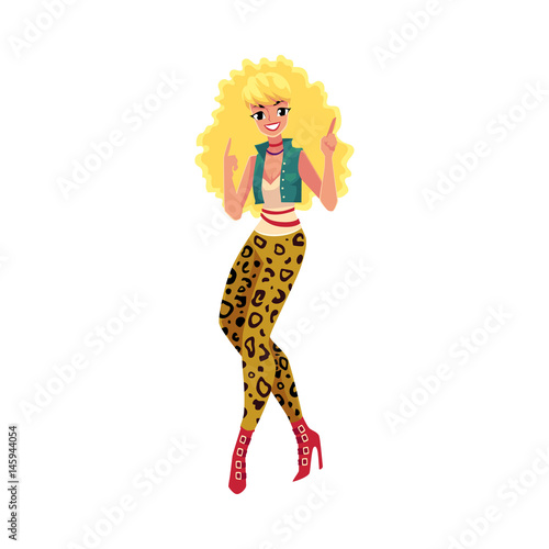 Woman, girl in 1980s style clothes, leopard leggings and high heels, dancing disco, cartoon vector illustration isolated on white background. Woman in 80s style clothing dancing at retro disco party