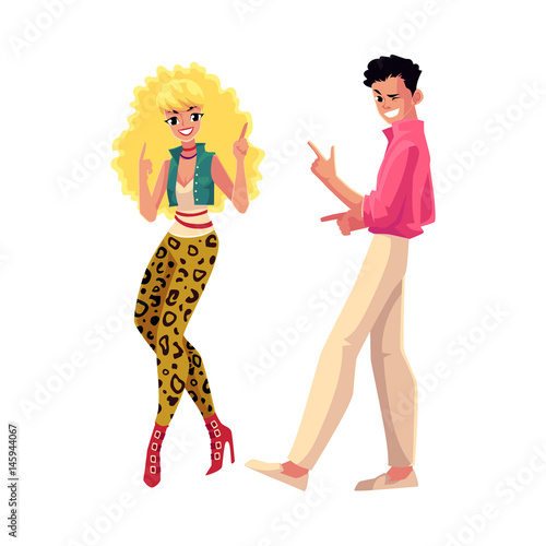 Young couple, man and woman, in 1980s, eighties style clothes dancing disco, cartoon vector illustration isolated on white background. Man and woman in 80s style clothing dancing at retro disco party