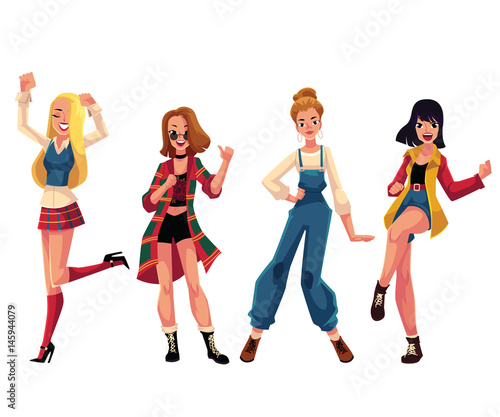 Girls, women in 1990s, nineties style clothes dancing disco, cartoon vector illustration isolated on white background. Girls, women in 90s style clothing dancing at retro disco party