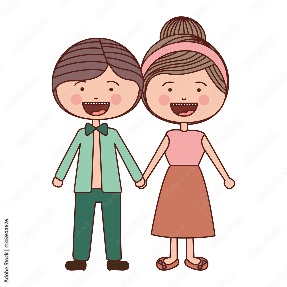 color silhouette smile expression cartoon guy and girl collected hairstyle with taken hands vector illustration color silhouette smile expression cartoon guy and girl collected hairstyle with taken hands vector illustration