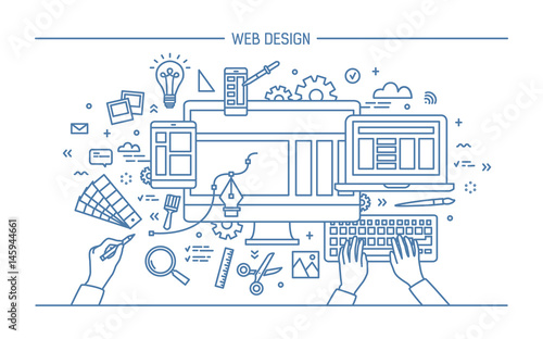 Web development, line art banner. site with responsive design. flat vector illustration.