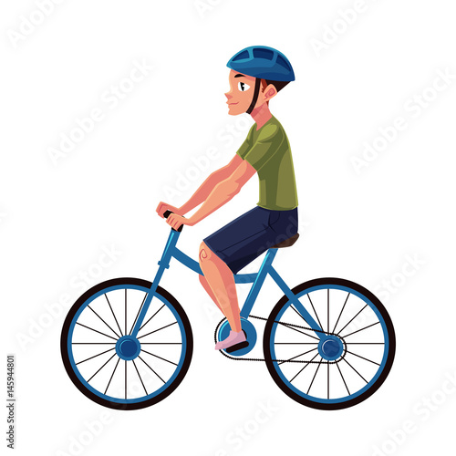 Bicycle, cycle, bike rider, cyclist wearing helmet, side vew, personal transport concept, cartoon vector illustration isolated on white background. Man riding bicycle wearing helmet, healthy lifestyle