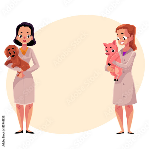 Two women, female veterinarians, vets in medical coats holding dog and pig, cartoon vector illustration with space for text. Female vets, veterinarian doctors, pets and farm animals