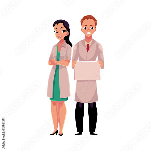 Male and female doctors in white medical coats, woman with folded arms, man holding blank sign, board, cartoon vector illustration isolated on white background. Full length portrait of two doctors