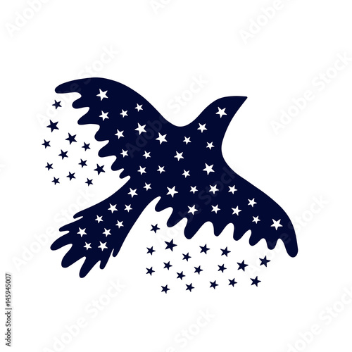 Bird of the night. Flying bird and stars isolated on white.