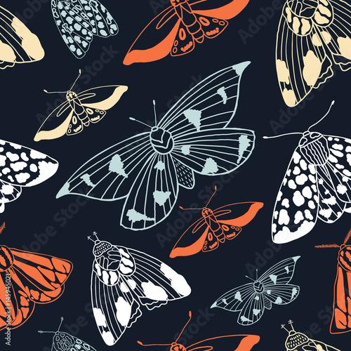 Summer moth seamless vector pattern.  Happy and colorful design.