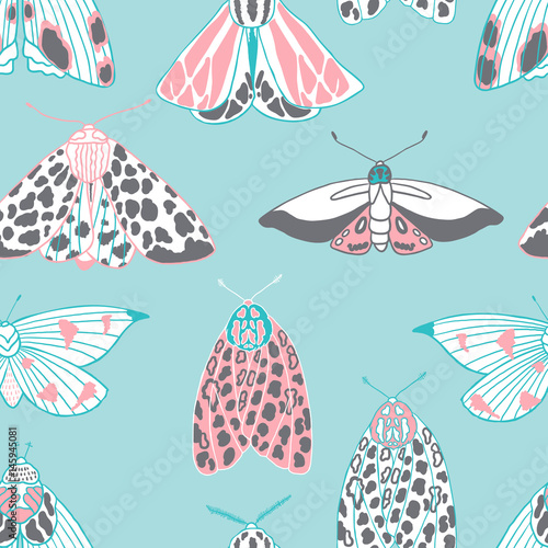 Summer moth seamless vector pattern.  Happy and colorful design.