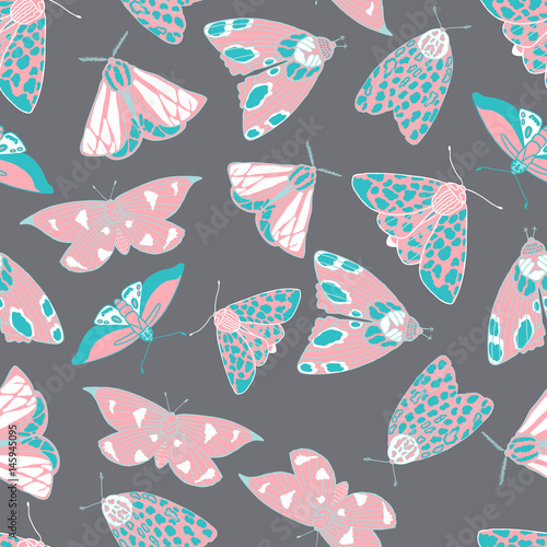 Summer moth seamless vector pattern.  Happy and colorful design.
