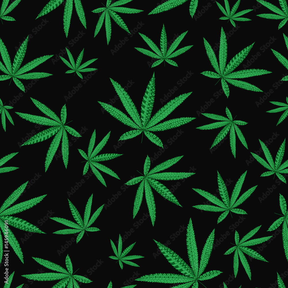 Hemp Cannabis Leaf in zentangle style. Seamless pattern.