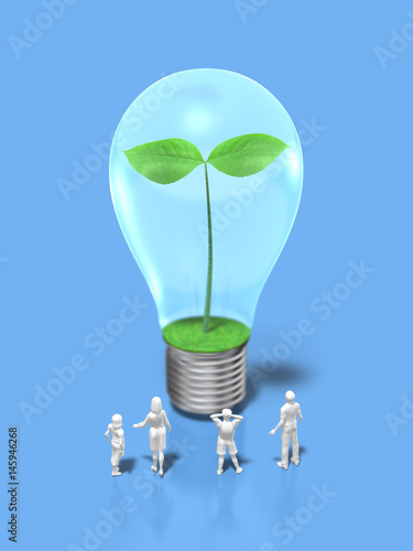 Family figures looking at the light bulb with sprouts