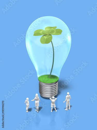 Family figures looking at the light bulb with four-leaf clovers
