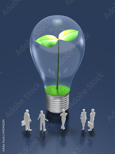 Business figures looking at the light bulb with sprouts