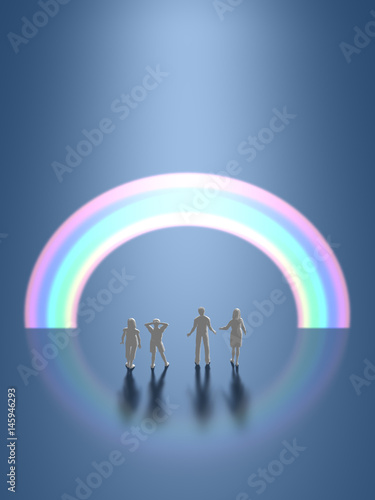 Family figures looking at the rainbow