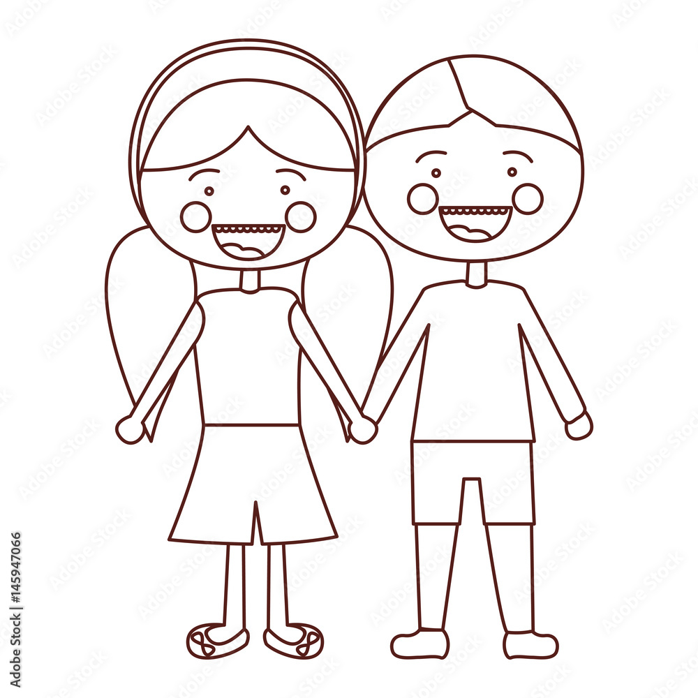 sketch contour smile expression cartoon boy hair and girl pigtails hairstyle with taken hands vector illustration sketch contour smile expression cartoon boy hair and girl pigtails hairstyle with taken hands vector illustration