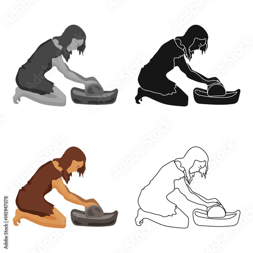 Cavewoman with grindstone icon in cartoon style isolated on white background. Stone age symbol stock vector illustration.