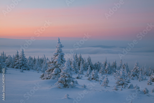 Snowy winter in a national park Taganay, South Urals.