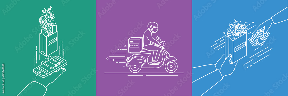 Fototapeta Food delivery concept. Lineart Illustration set in flat style.