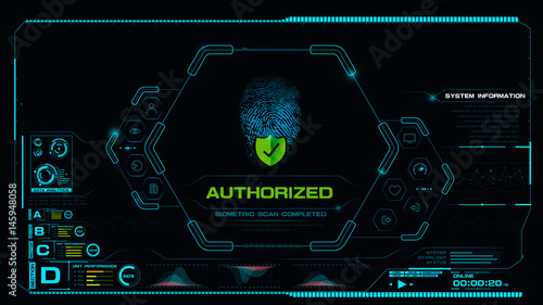 Futuristic HUD Cyber technology concept with finger print scan biometric data complete abstract background vector illustration