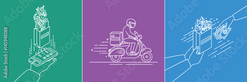 Fototapeta Food delivery concept. Lineart Illustration set in flat style.