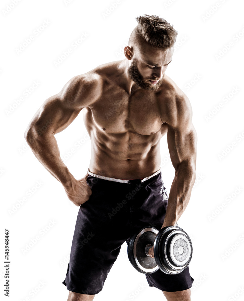 Young male doing exercises with dumbbells at biceps. Photo of muscular male with naked torso on white background. Strength and motivation Young male doing exercises with dumbbells at biceps. Photo of muscular male with naked torso on white background. Strength and motivation