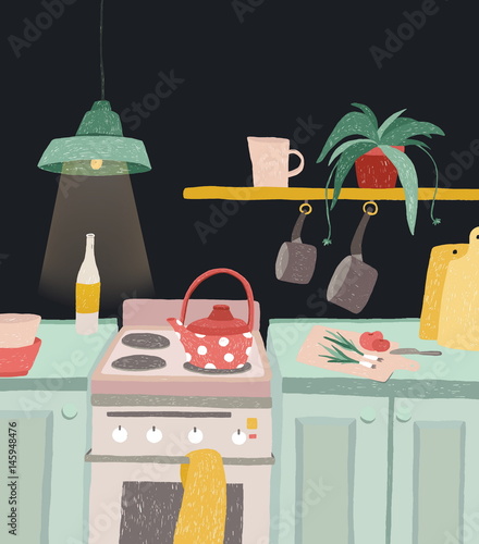 Hand drawn home cooking in cartoon style. Colorful doodle kitchen interior with kitchenware, kettle, oven, stove, utensils. Vector illustration.