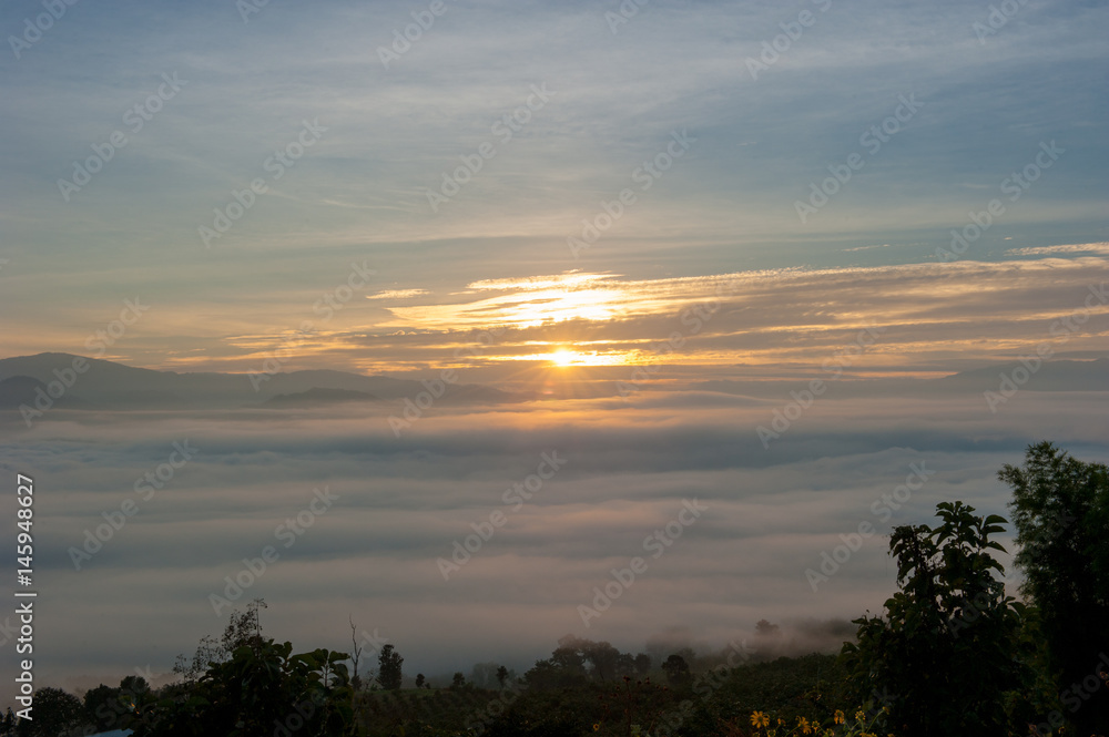 Obraz premium Sea of clouds and sunrise over the fores at pai in north of thailand